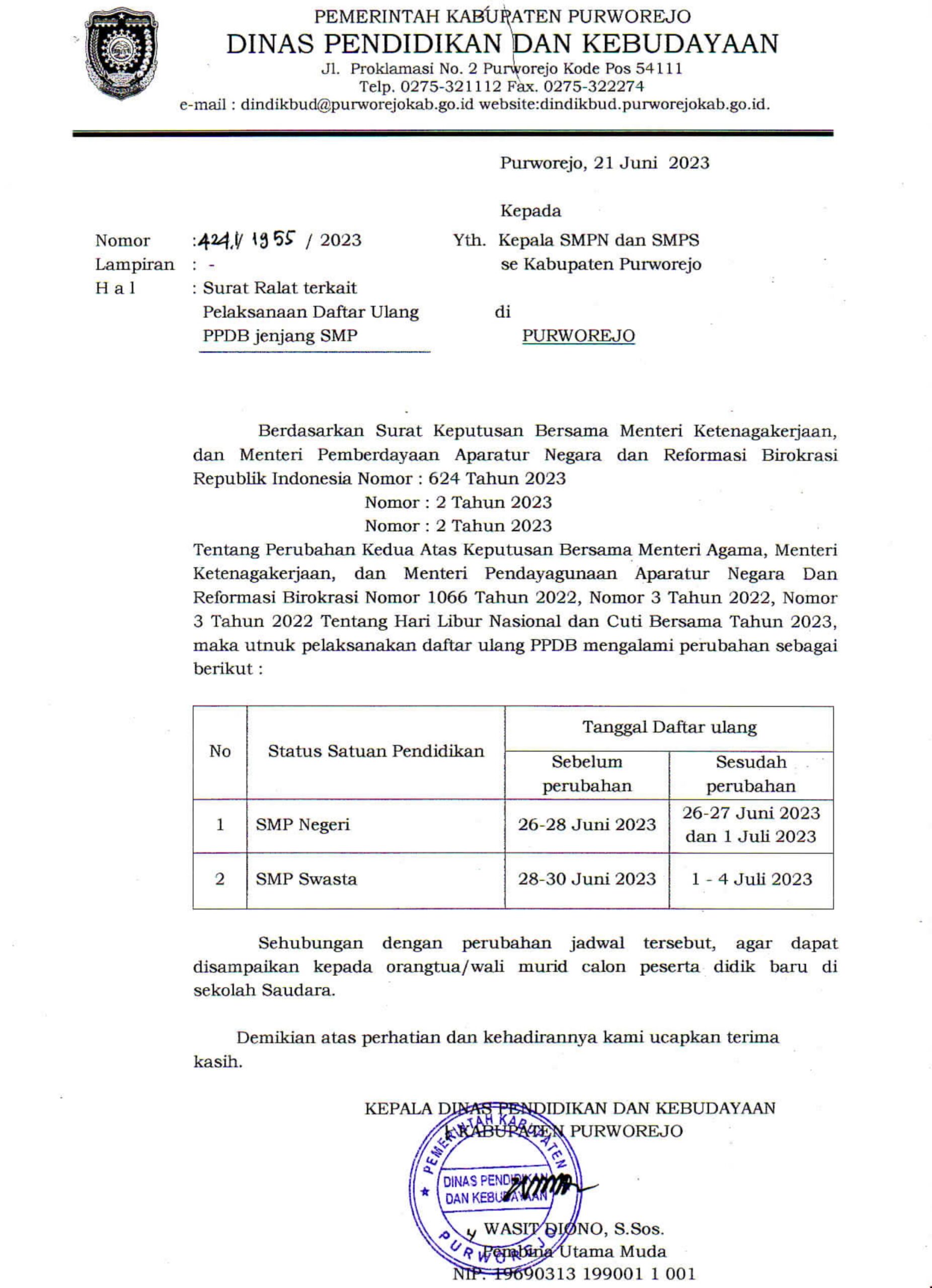 Pelaksanaan Daftar Ulang PPDB SMPN 21 Purworejo